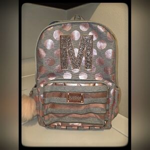 Justice Girls Polka Dot Backpack with Glitter Initial "M", Adj. Straps Pink/Gray